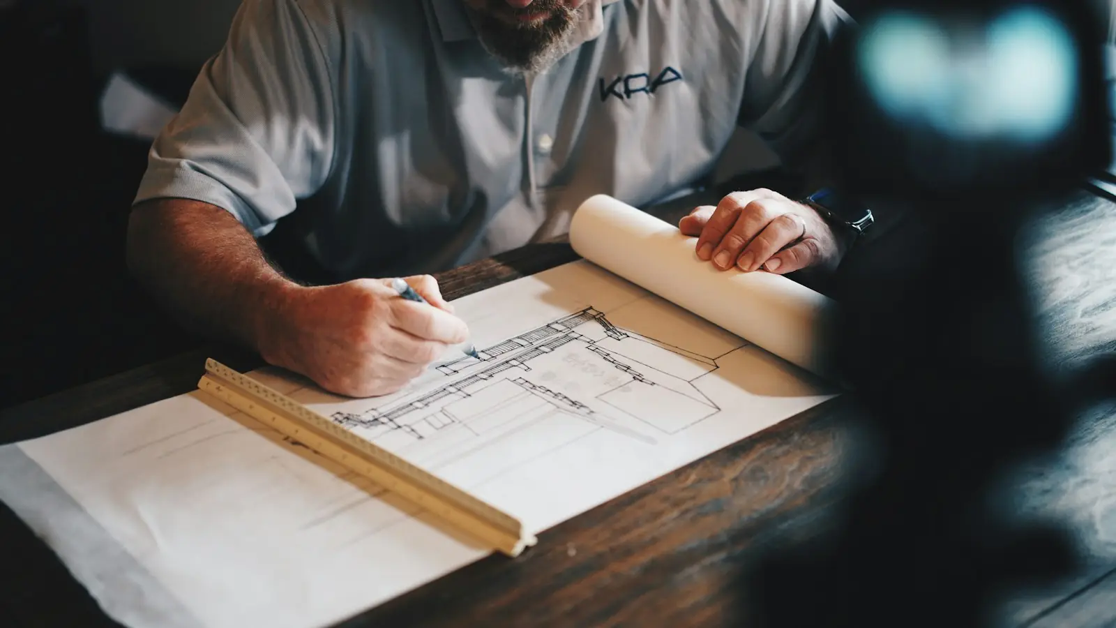 Hands working over architectural drawings